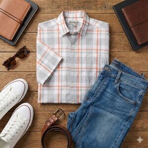 Sun River Men's Checkered Button-Down Shirt in Gray and Orange